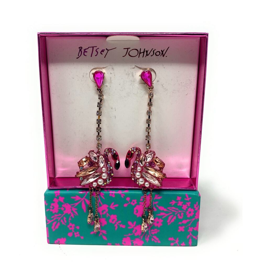 NIB Betsey Johnson Womens Pink and Rose Gold Linear Drop Flamingo Earrings - Picture 2 of 4